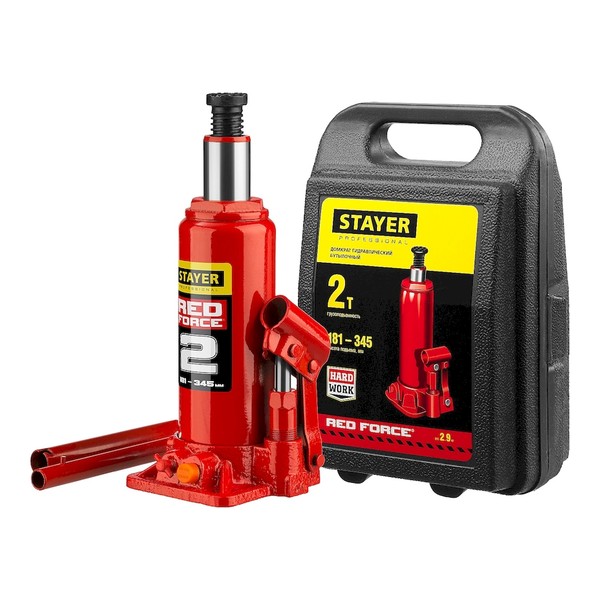 STAYER RED FORCE 2т 181-345мм домкрат бутылочный гидравлический в кейсе