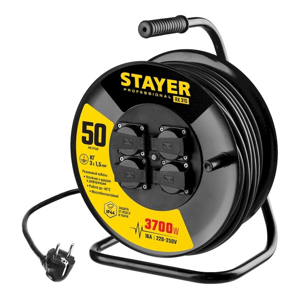 Силовой удлинитель на стальной катушке STAYER КГ 3х1.5 50м 3700Вт IP44
